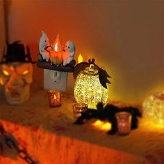 Cute Ghost Campfire Night Light Halloween Pumpkin Flickering Room Decorations Night Lights Dusk to Dawn Led Lamp Plug into Wall